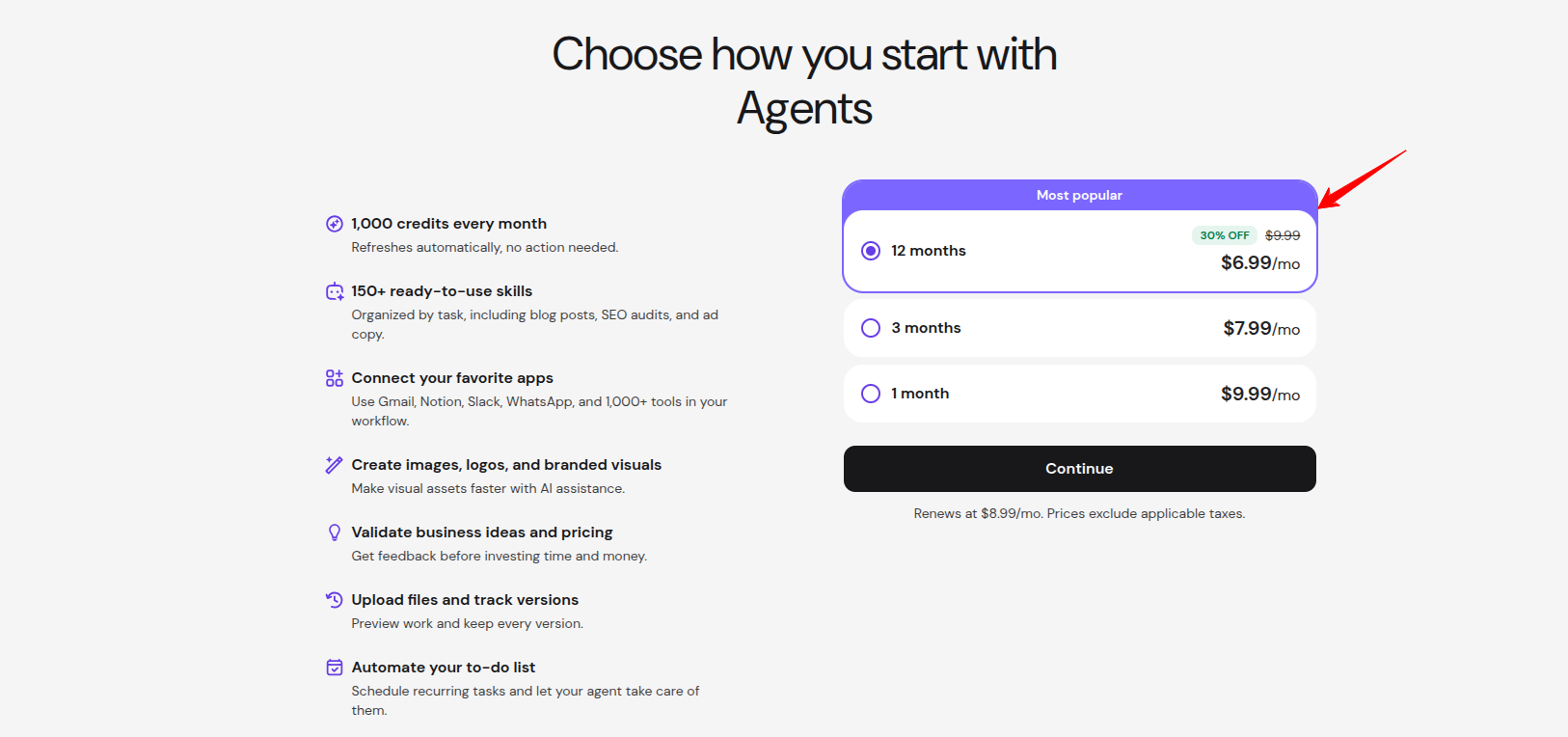 Hostinger AI Agents plan selection screen showing only paid 12-month, 3-month, and 1-month billing options