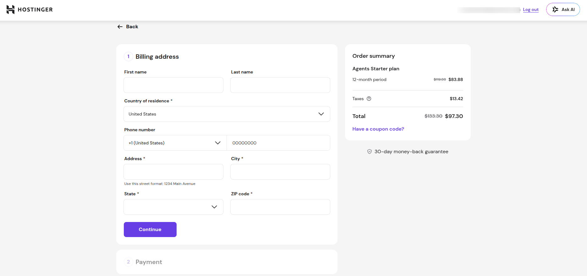 Hostinger AI Agents checkout page requiring billing address and payment details with an order summary already showing a charged plan