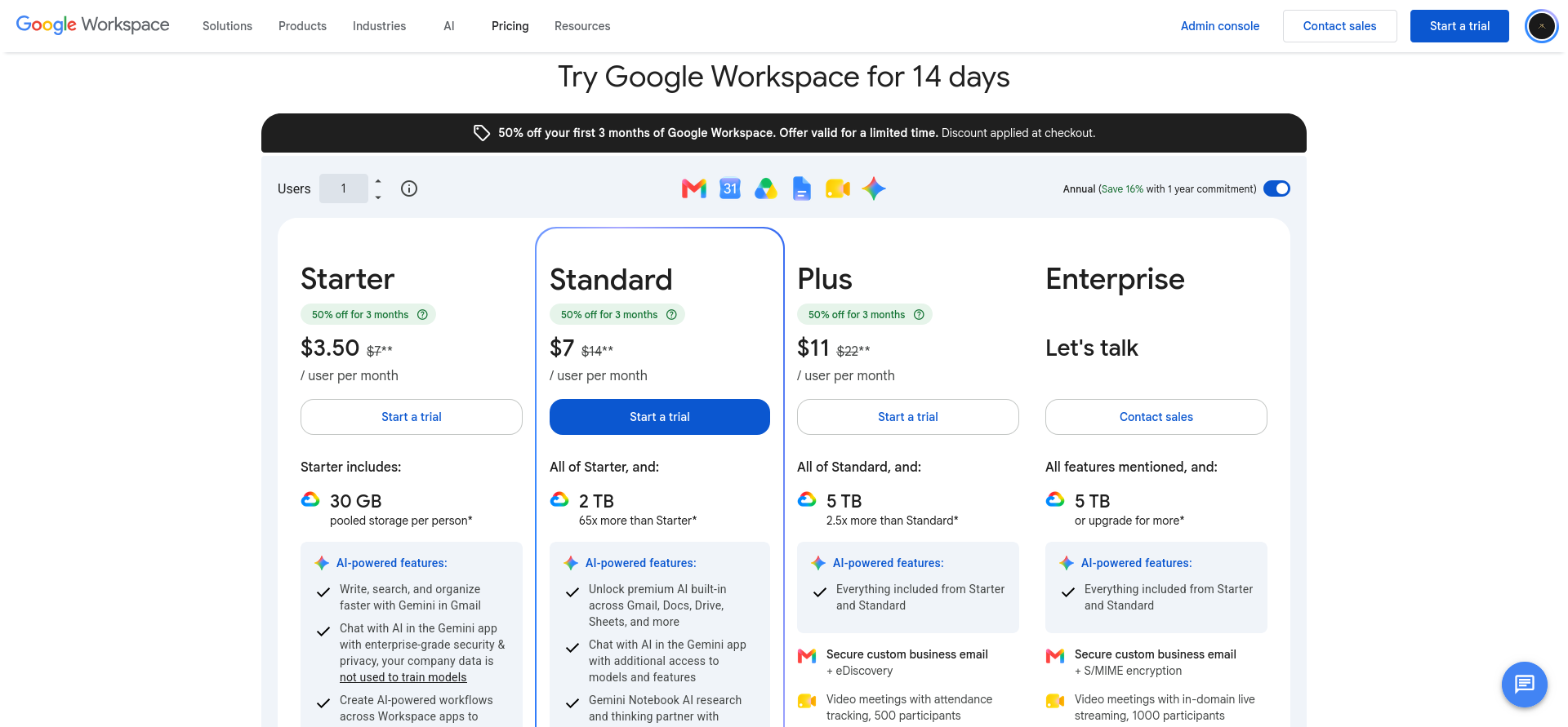 Google Workspace pricing page showing Business Starter, Business Standard, and Business Plus plans
