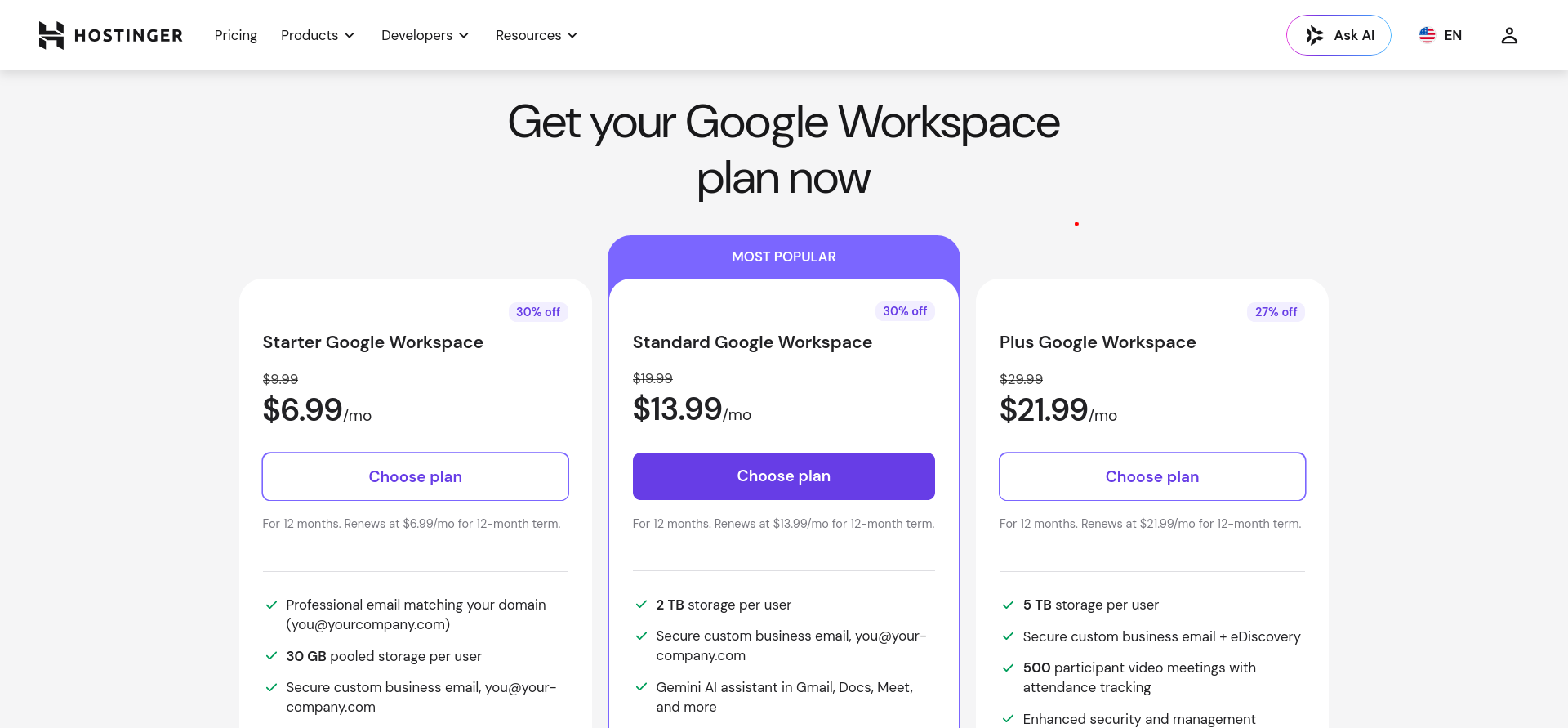Hostinger Google Workspace pricing page comparing Starter, Standard, and Plus plans