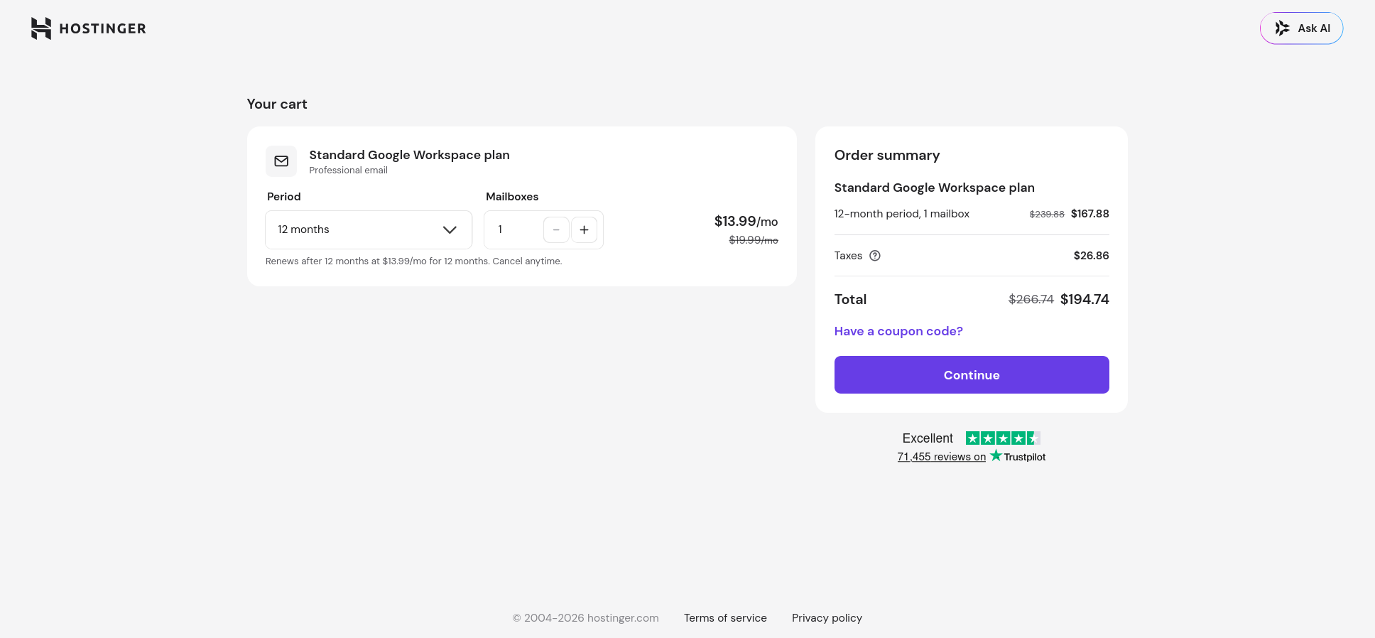 Hostinger Google Workspace cart showing a 12-month billing period, mailbox count, and order total
