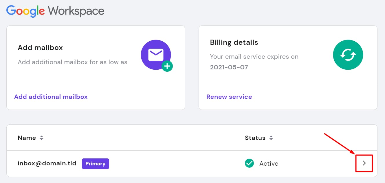 Hostinger hPanel Google Workspace setup screen for activating an order and creating the primary admin account