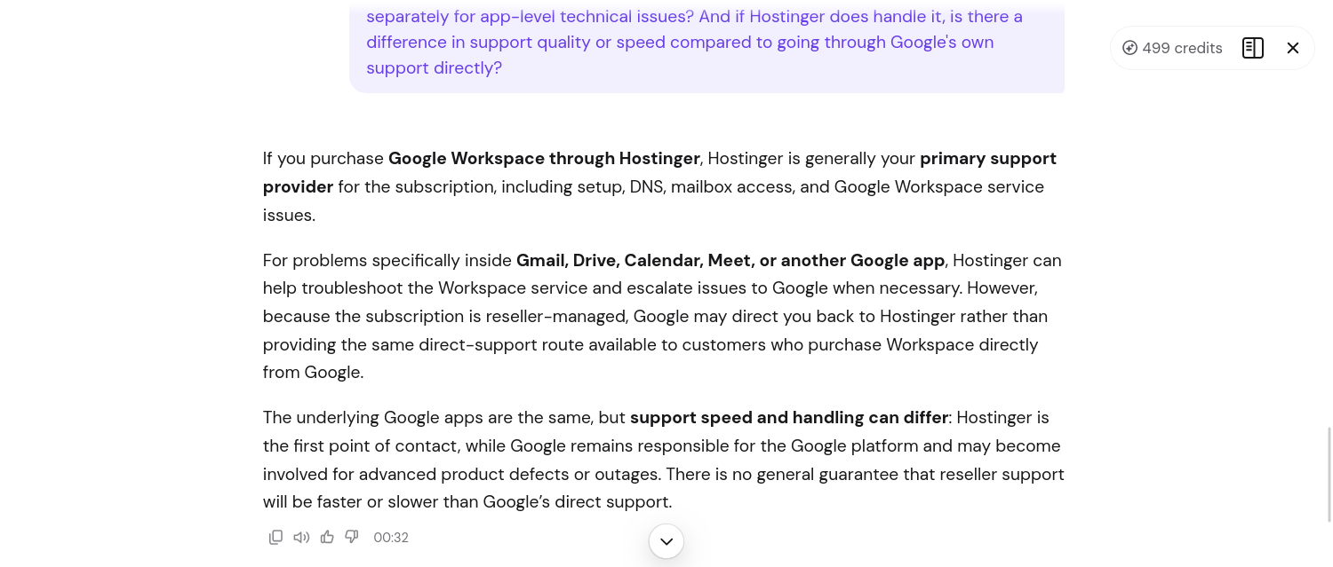 Hostinger Kodee support response explaining how Google Workspace support is handled between Hostinger and Google