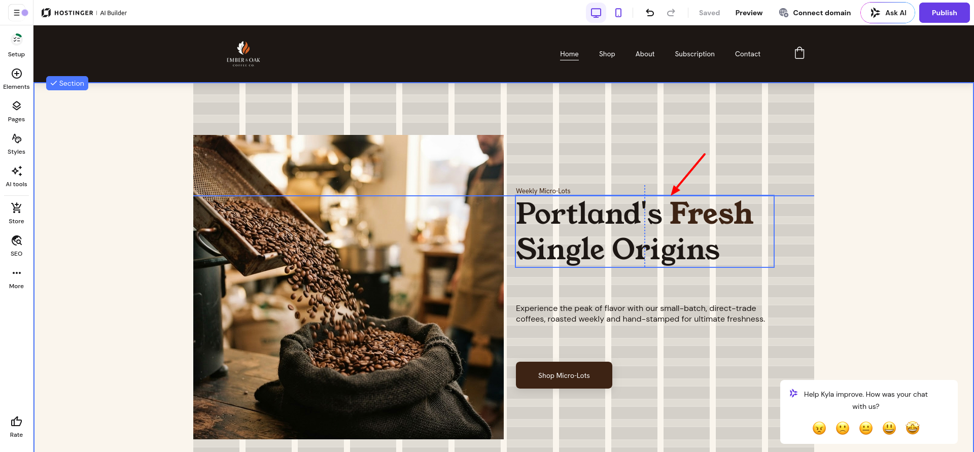 Hostinger Website Builder Manual mode drag-and-drop editor with sidebar tools
