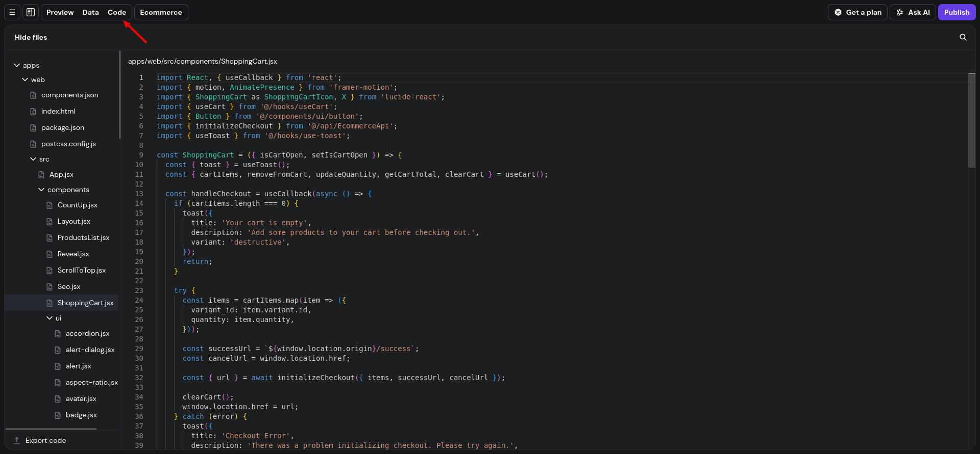 Hostinger Horizons Data and Code tools showing project data and generated source files