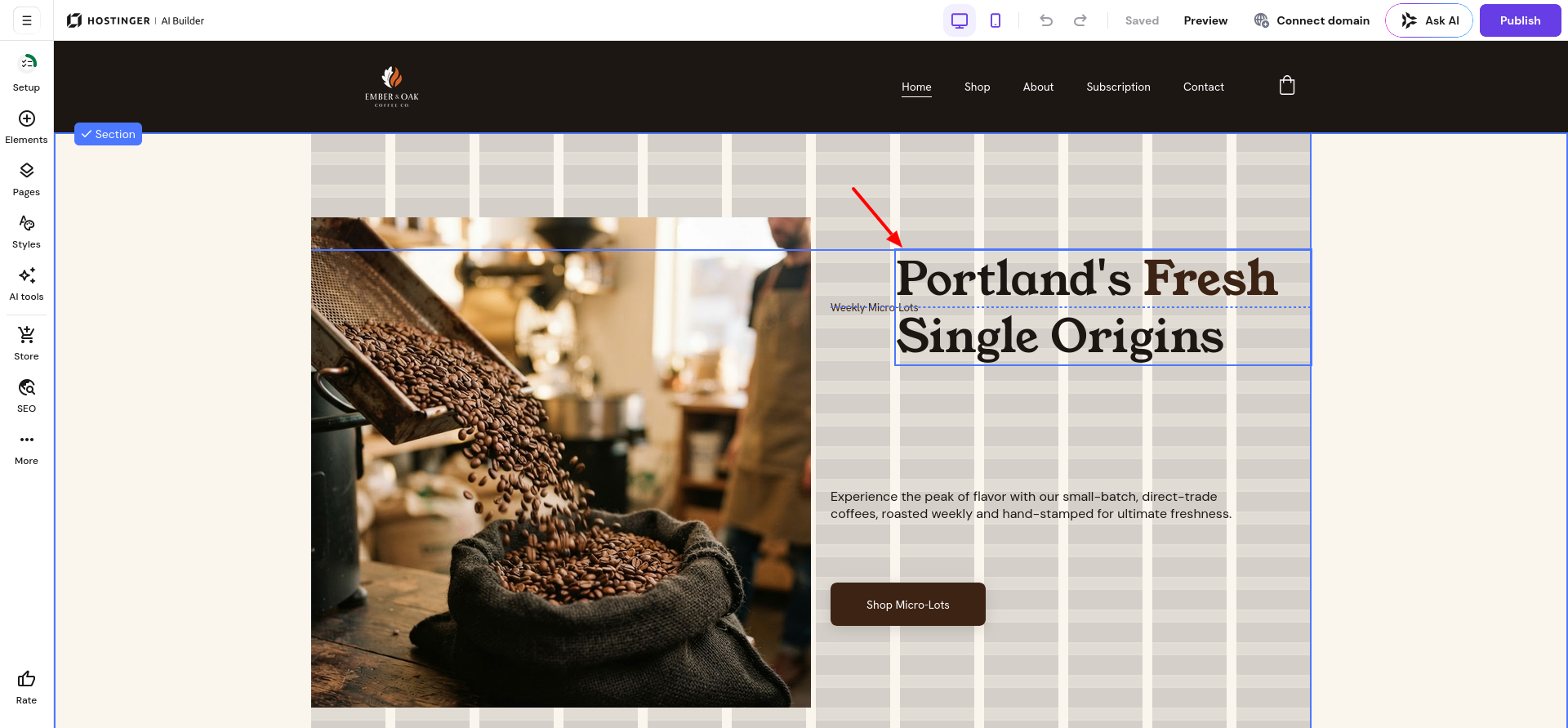 Hostinger Website Builder Manual mode alignment guides for precise page editing