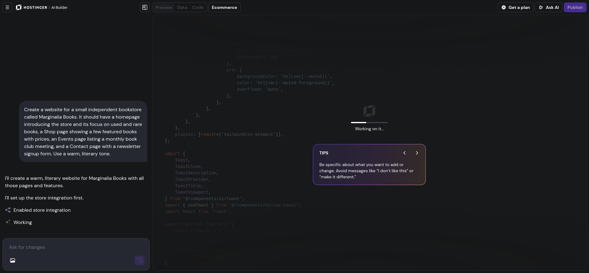 Hostinger Horizons Agentic mode chat panel showing AI website building progress