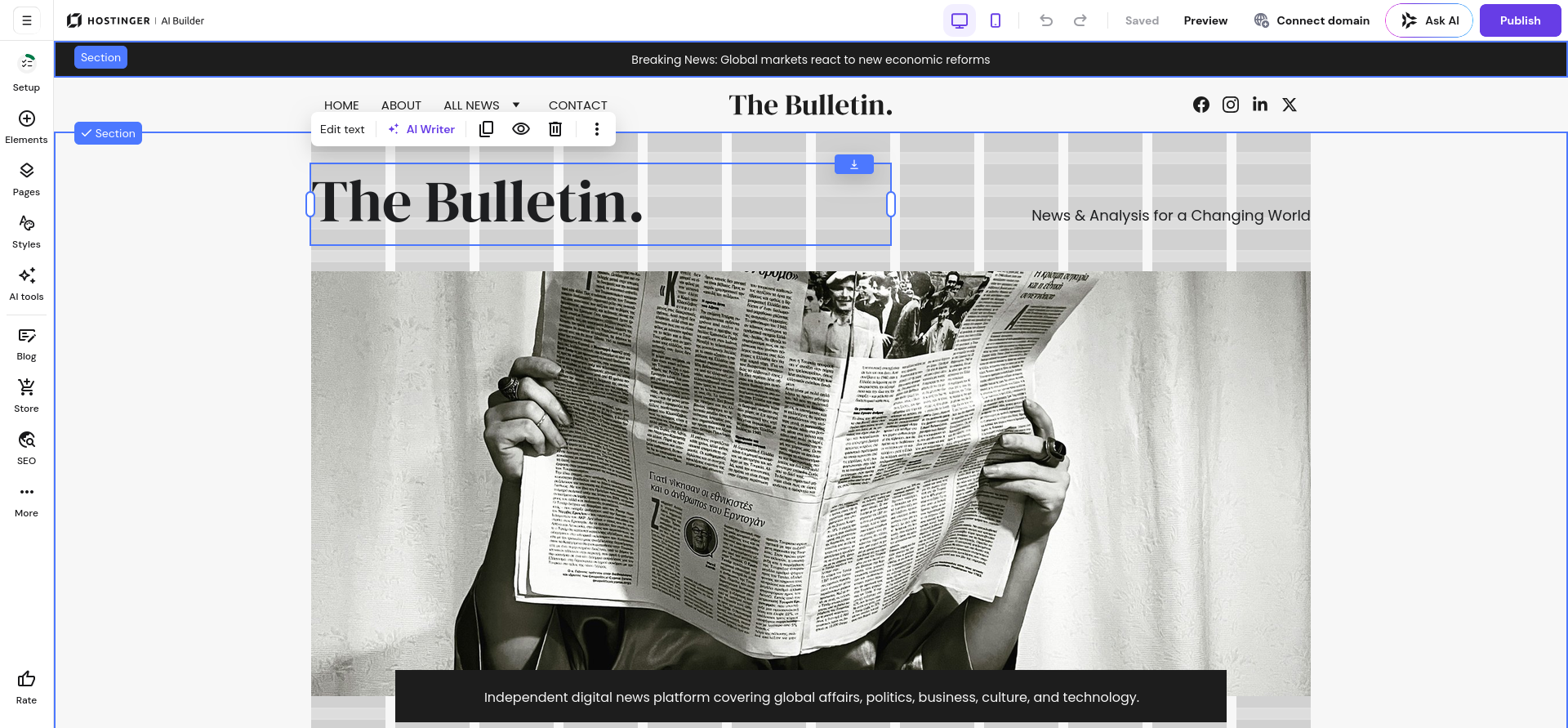 Hostinger Website Builder template opened in the Manual mode drag-and-drop editor