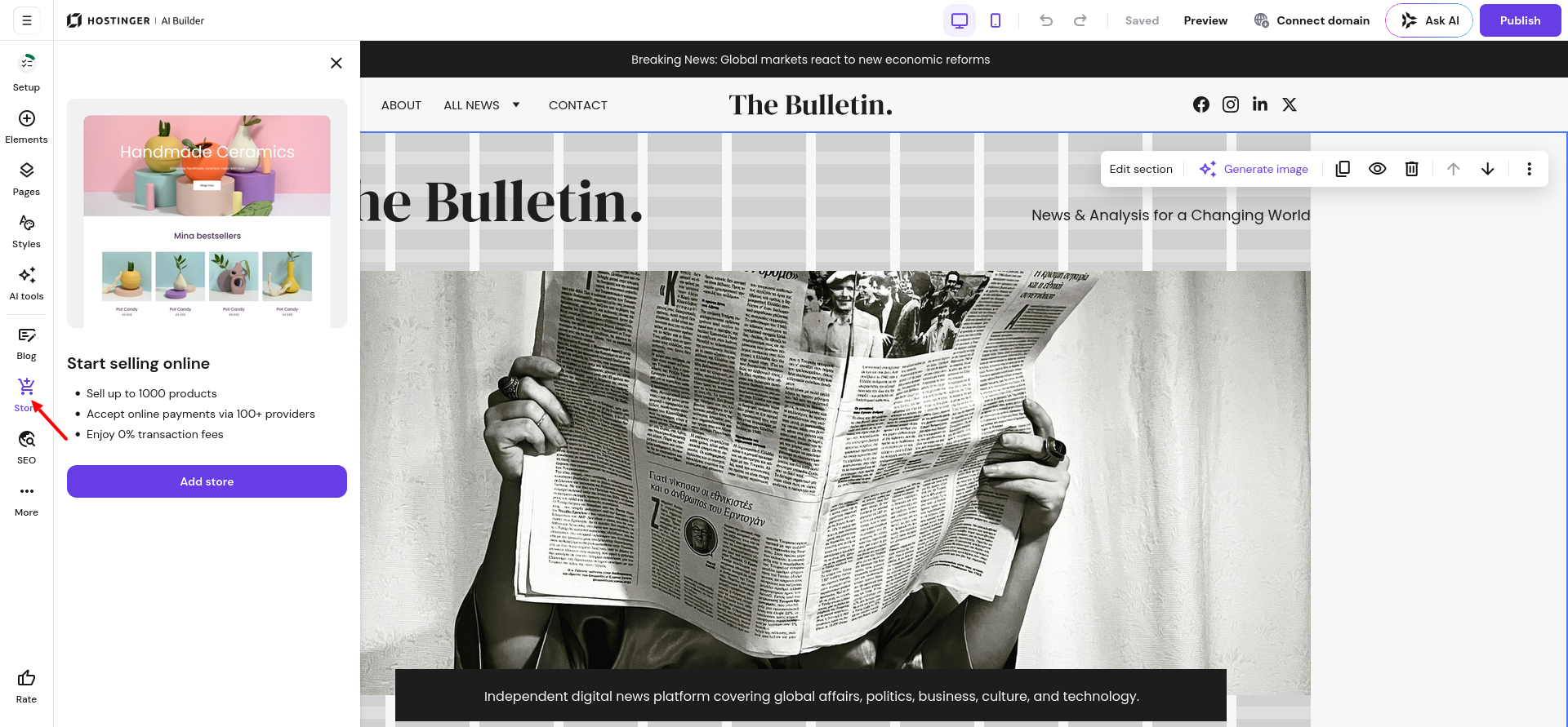 Hostinger Website Builder Store panel for products, orders, and payment setup