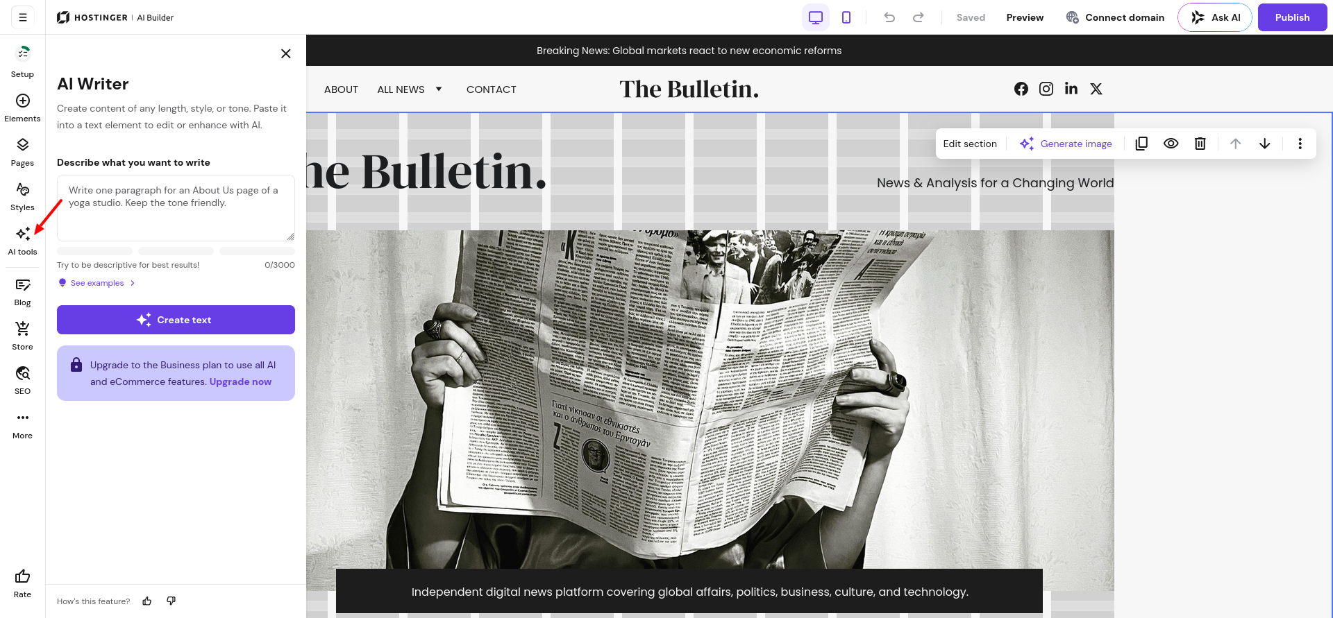Hostinger Website Builder AI Writer tool inside the Manual mode editor