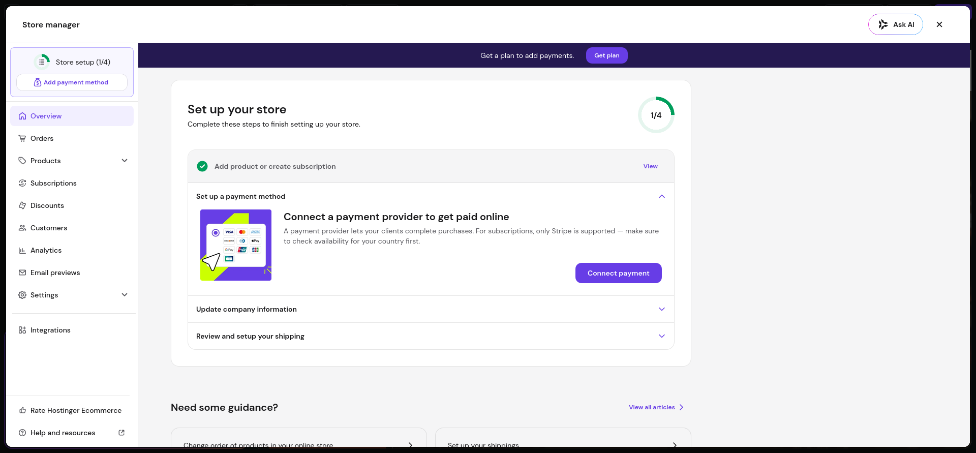 Hostinger Horizons Ecommerce tab with Store Manager tools