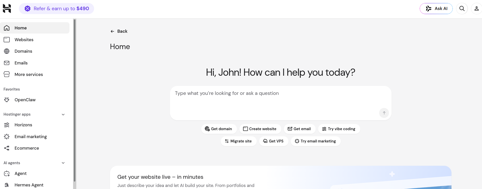 Hostinger hPanel home screen with AI chat and quick actions