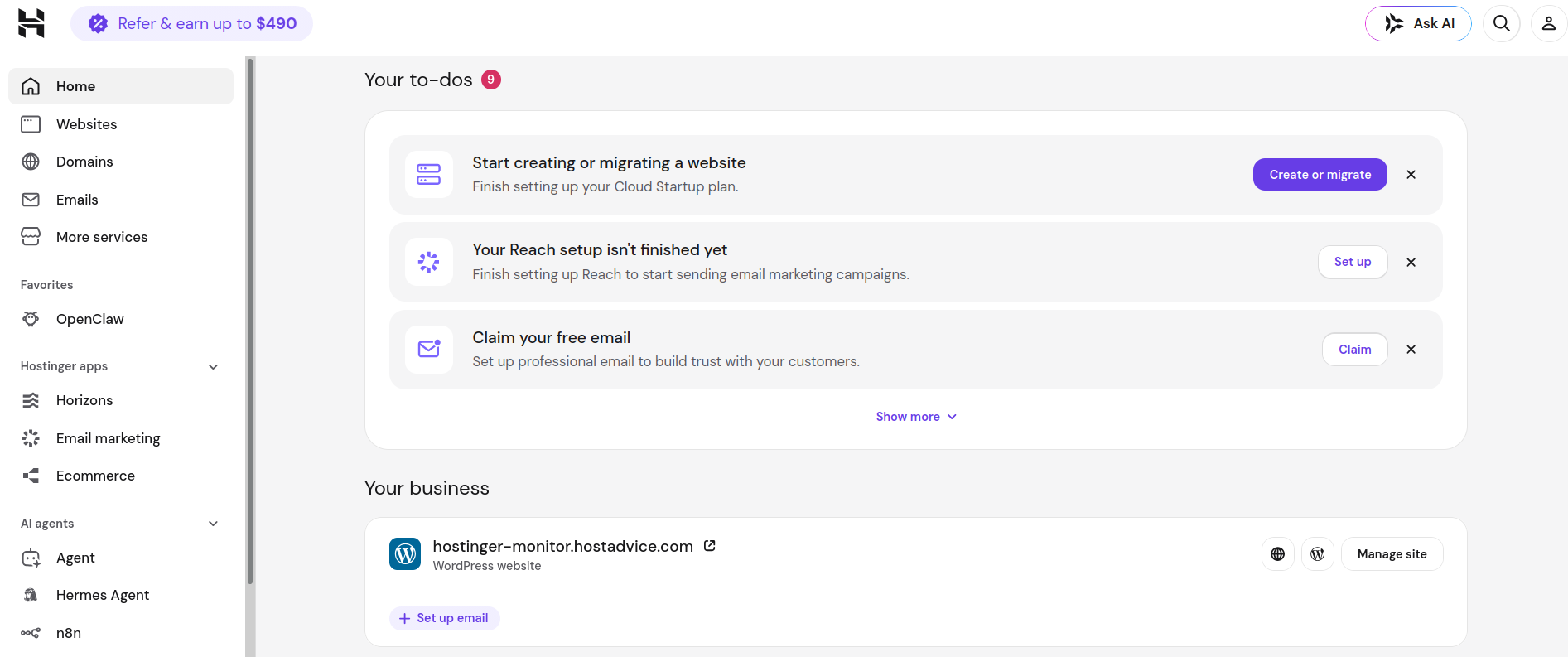 Hostinger hPanel Your To-Dos and Your Business sections