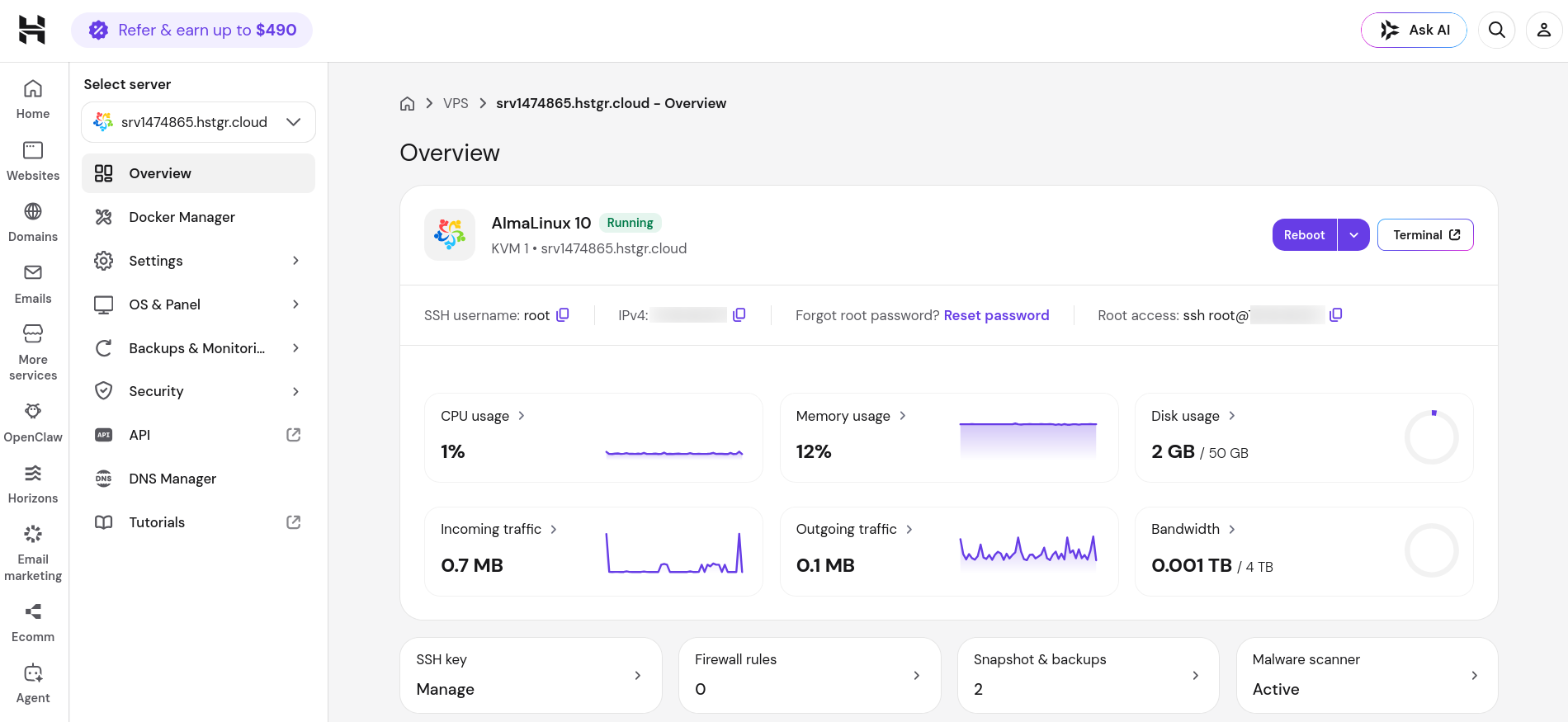 Hostinger hPanel VPS overview with server status SSH and controls