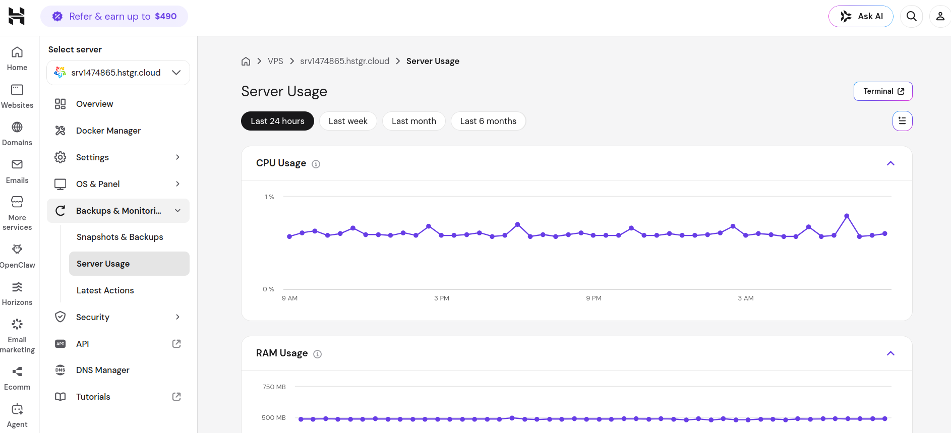 Hostinger hPanel VPS server usage and historical monitoring charts