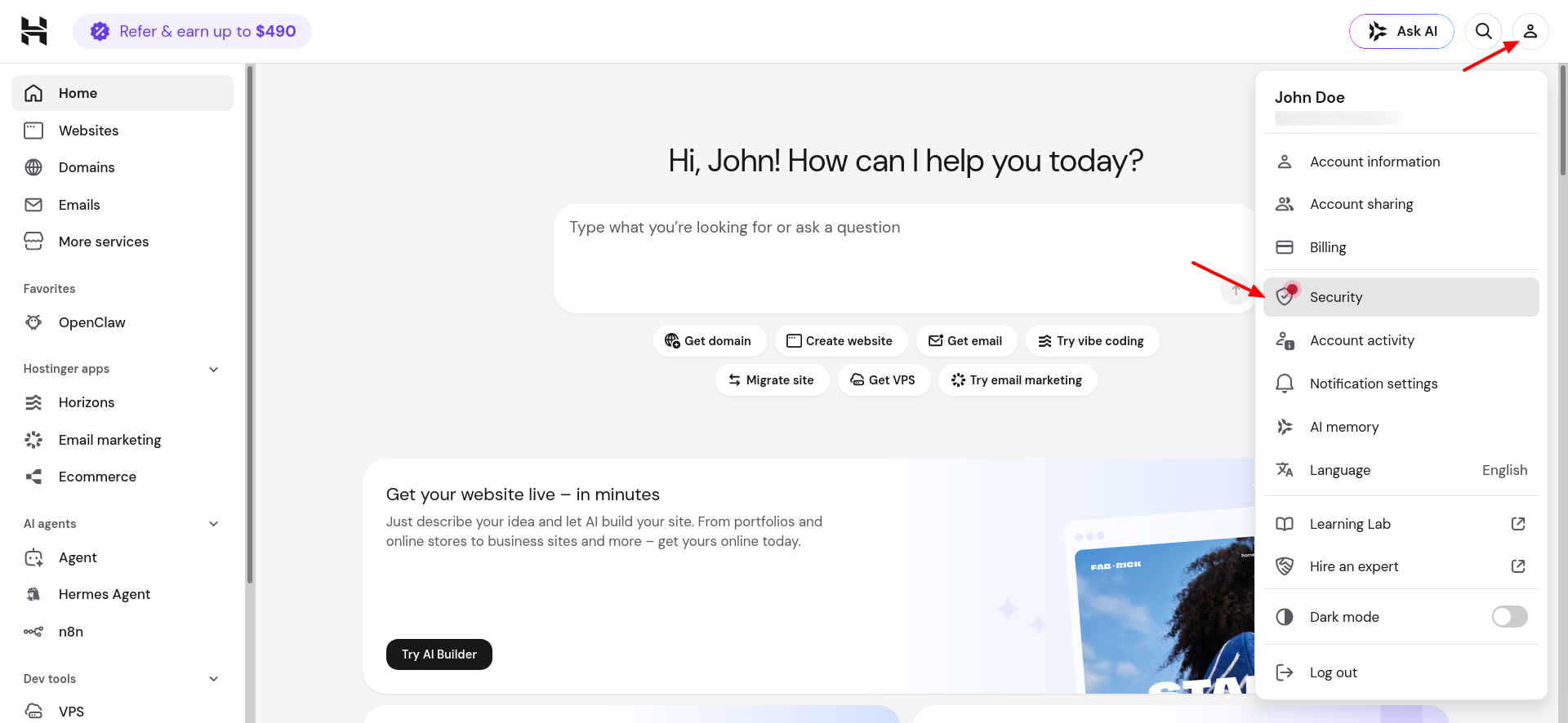 Hostinger hPanel Account Sharing page