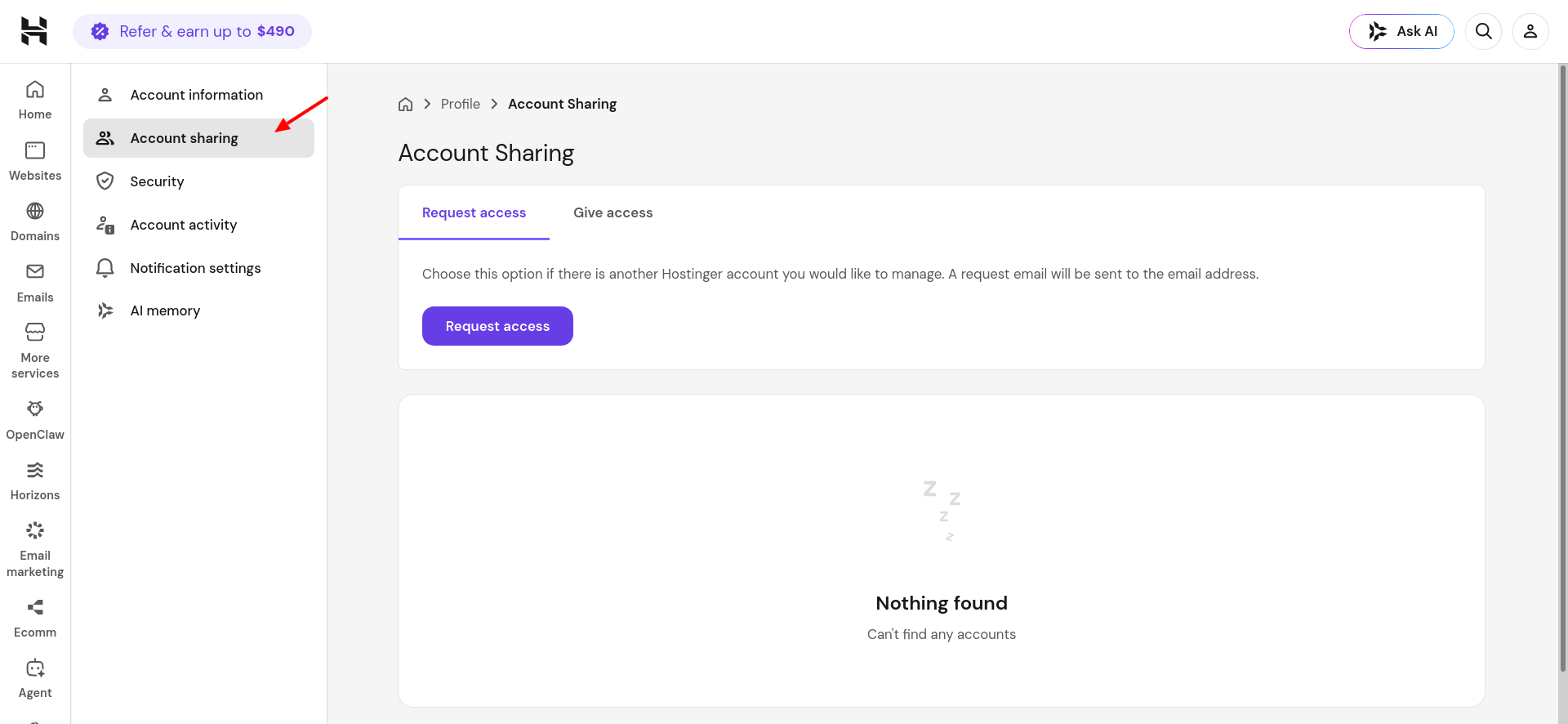 Hostinger hPanel Give Access tab for Account Sharing