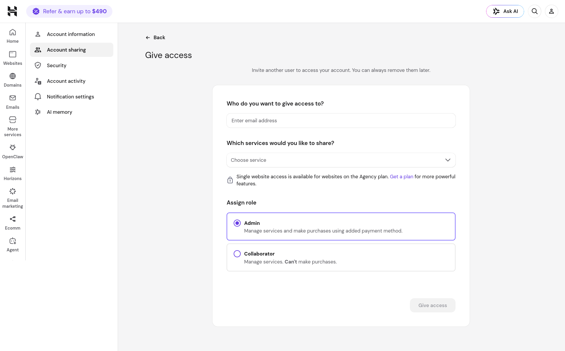 Hostinger hPanel Account Sharing services picker