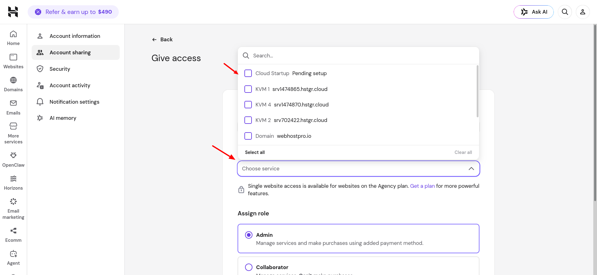 Hostinger hPanel Account Sharing Admin and Collaborator role options