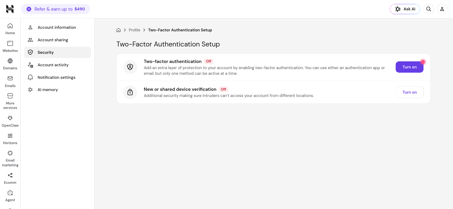 Hostinger hPanel security settings with two-factor authentication options