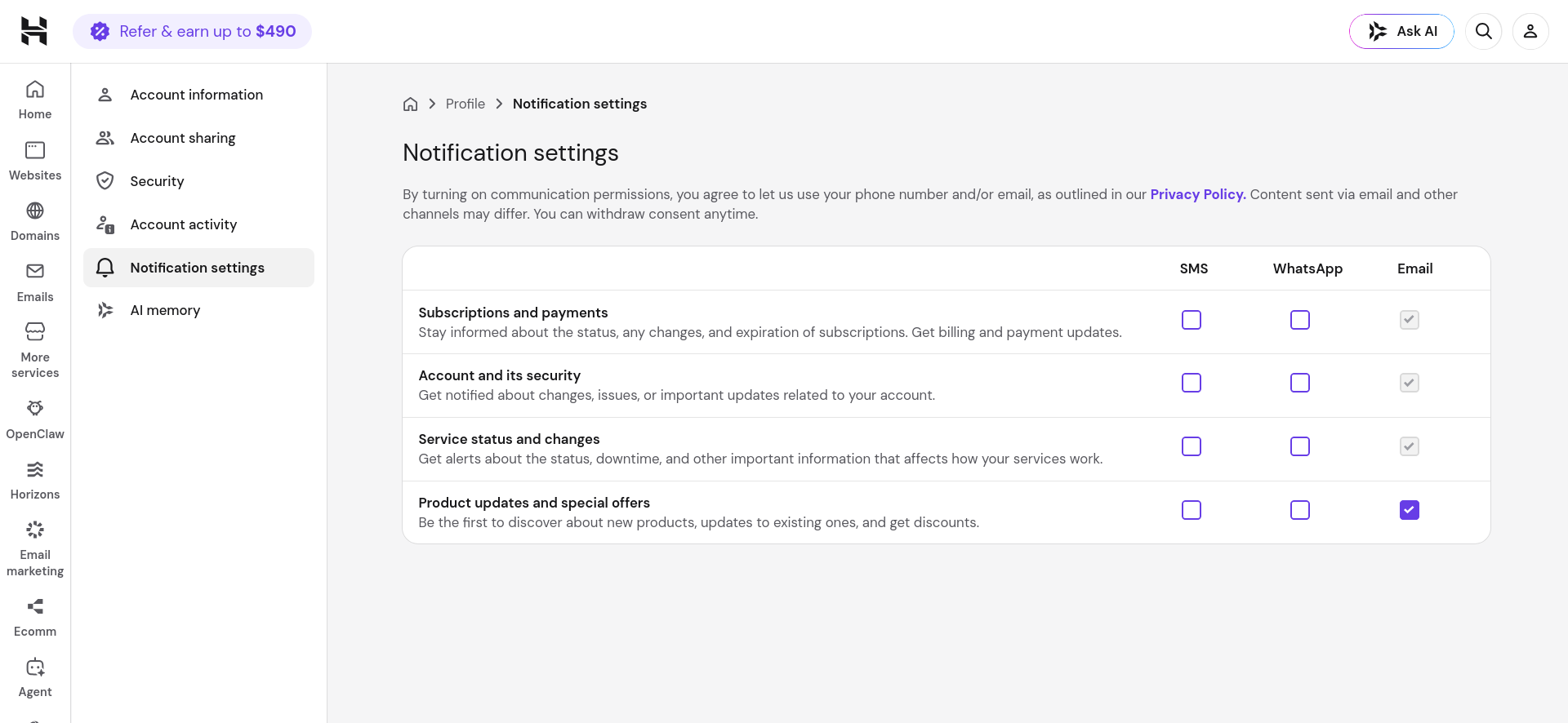 Hostinger hPanel notification settings for SMS WhatsApp and Email
