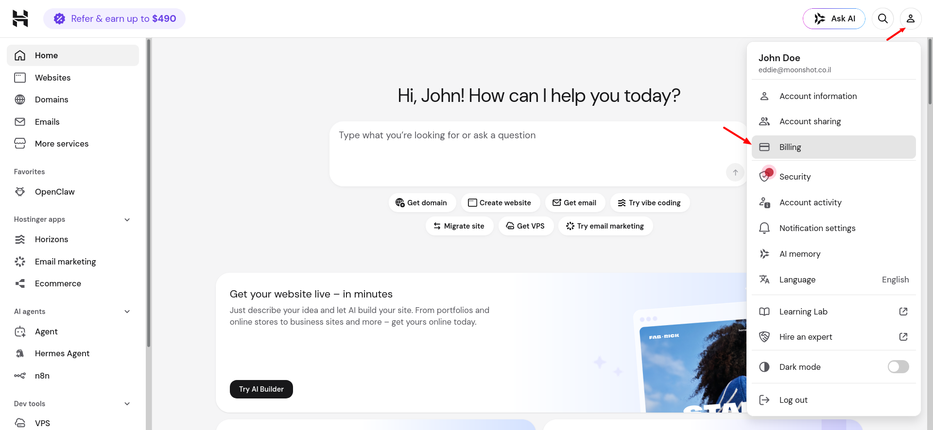 Hostinger hPanel subscriptions page with renewal and service statuses