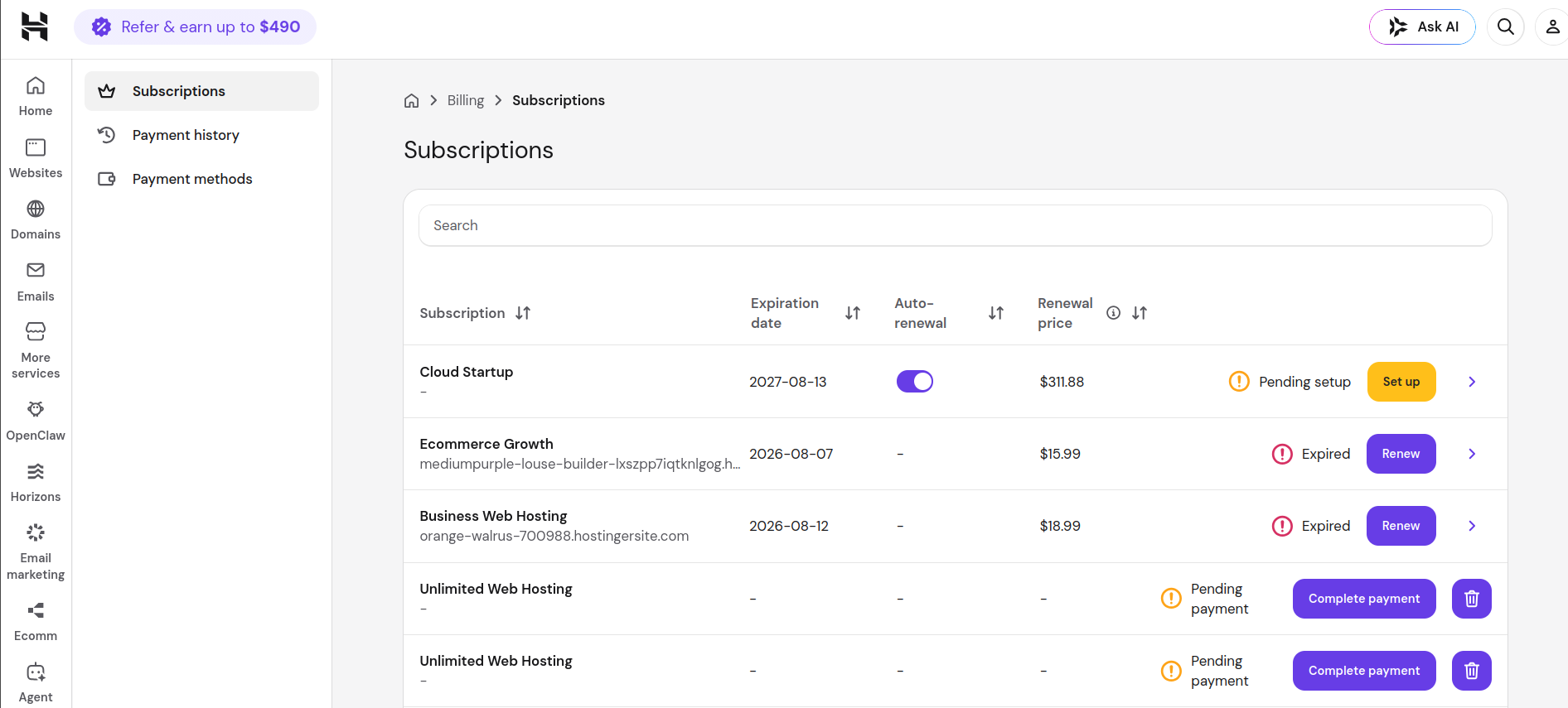Hostinger hPanel payment methods and Hostinger Balance