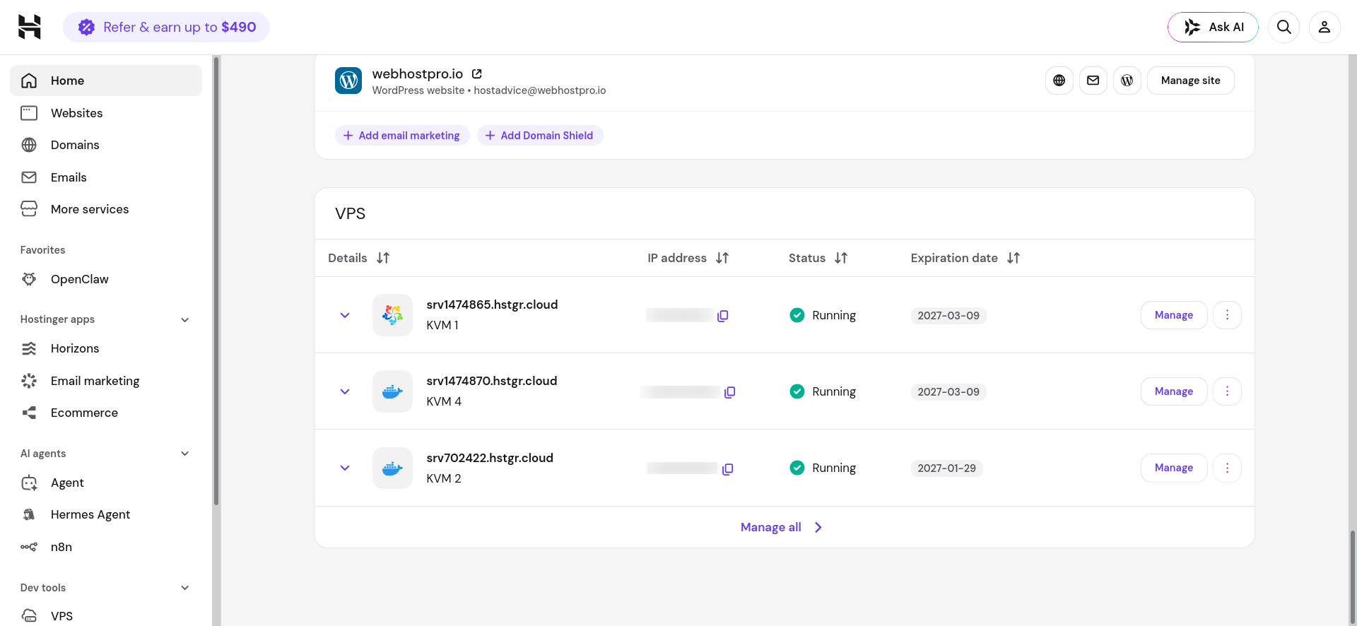Hostinger hPanel VPS table showing running server instances