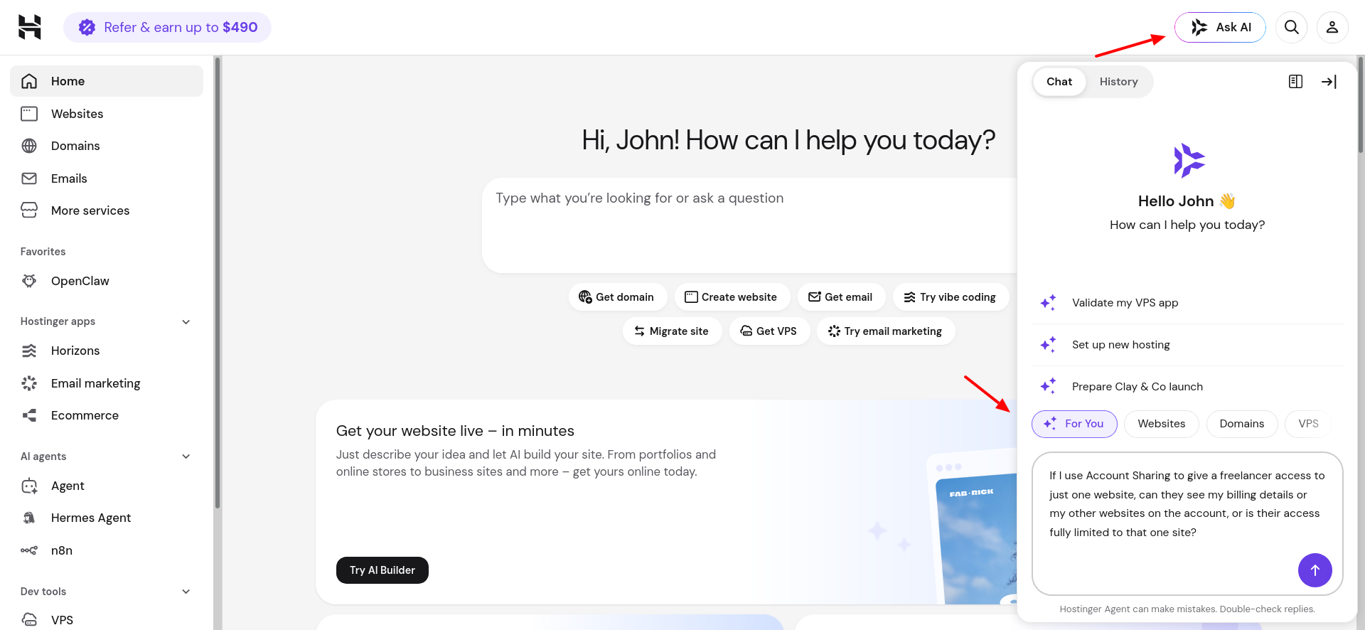 Hostinger hPanel Kodee Ask AI panel