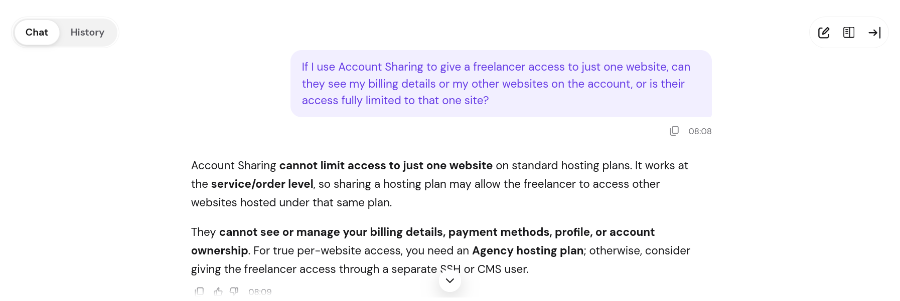 Hostinger hPanel Kodee response about Account Sharing permissions