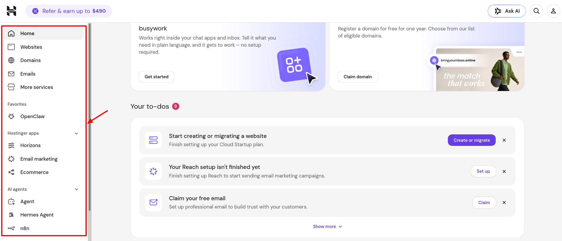 Hostinger hPanel sidebar with collapsible navigation groups