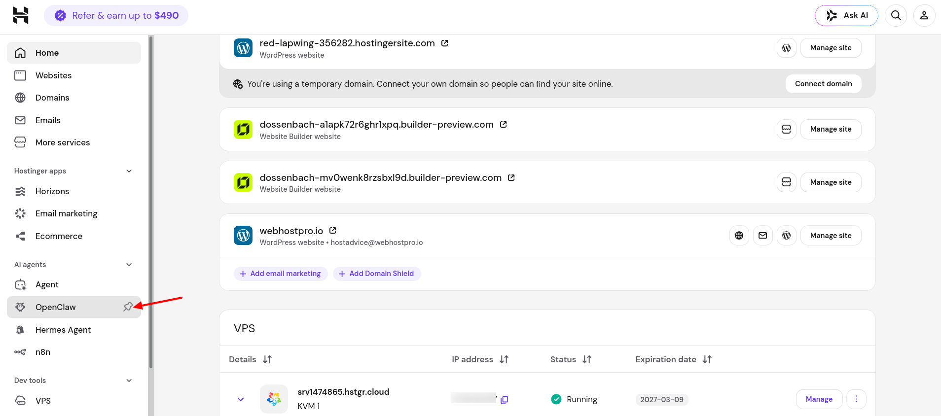 Hostinger hPanel sidebar pin icon for adding a favourite