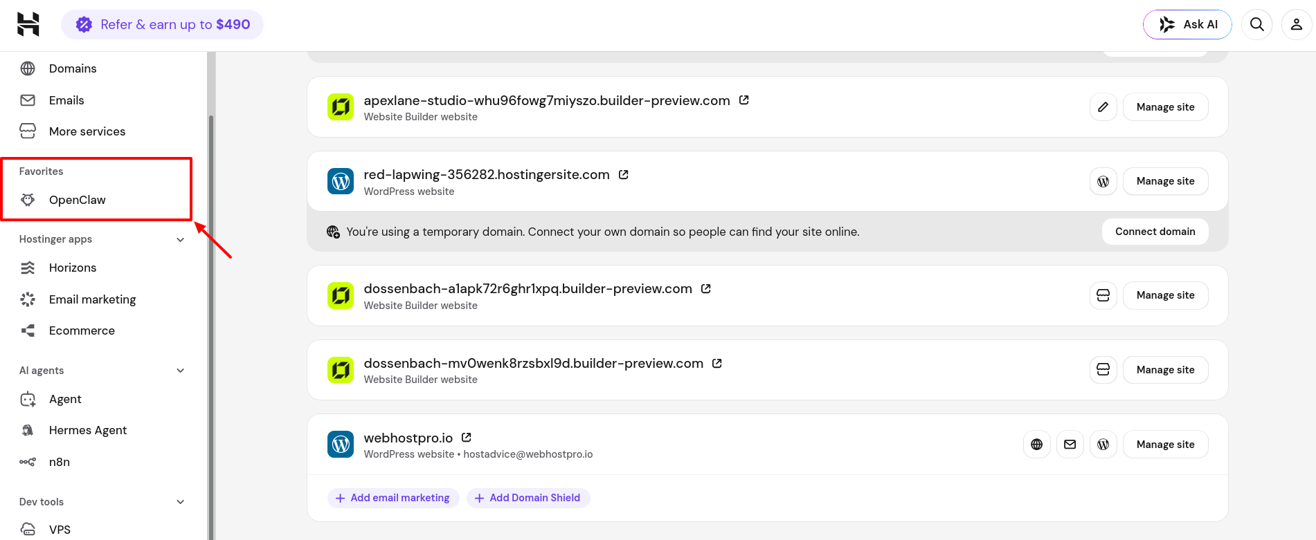 Hostinger hPanel Favourites section with pinned OpenClaw shortcut