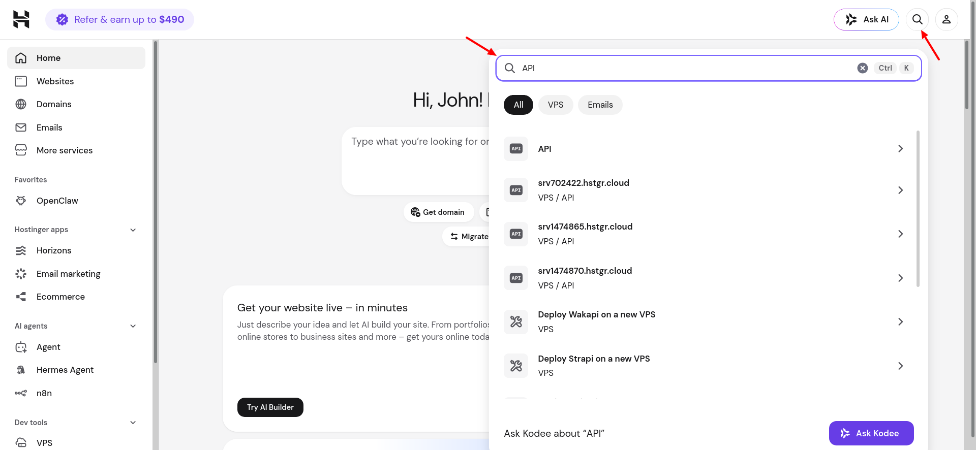 Hostinger hPanel search results for API with account resources and actions