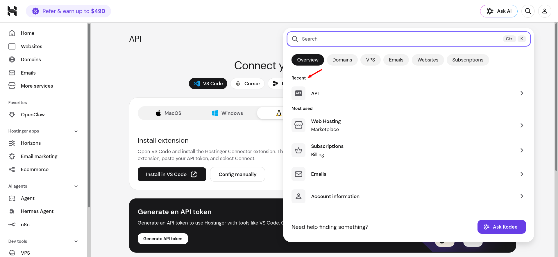 Hostinger hPanel search showing Recent and Most used sections