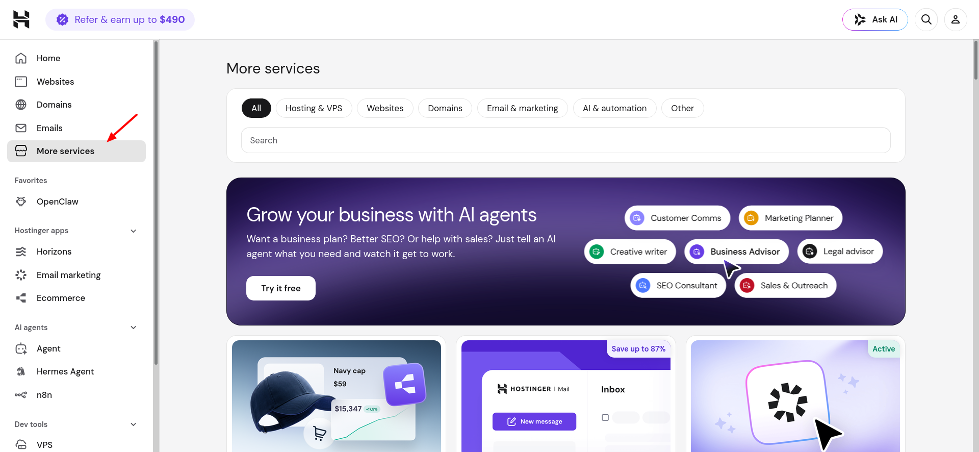 Hostinger hPanel Marketplace with hosting websites domains and AI services