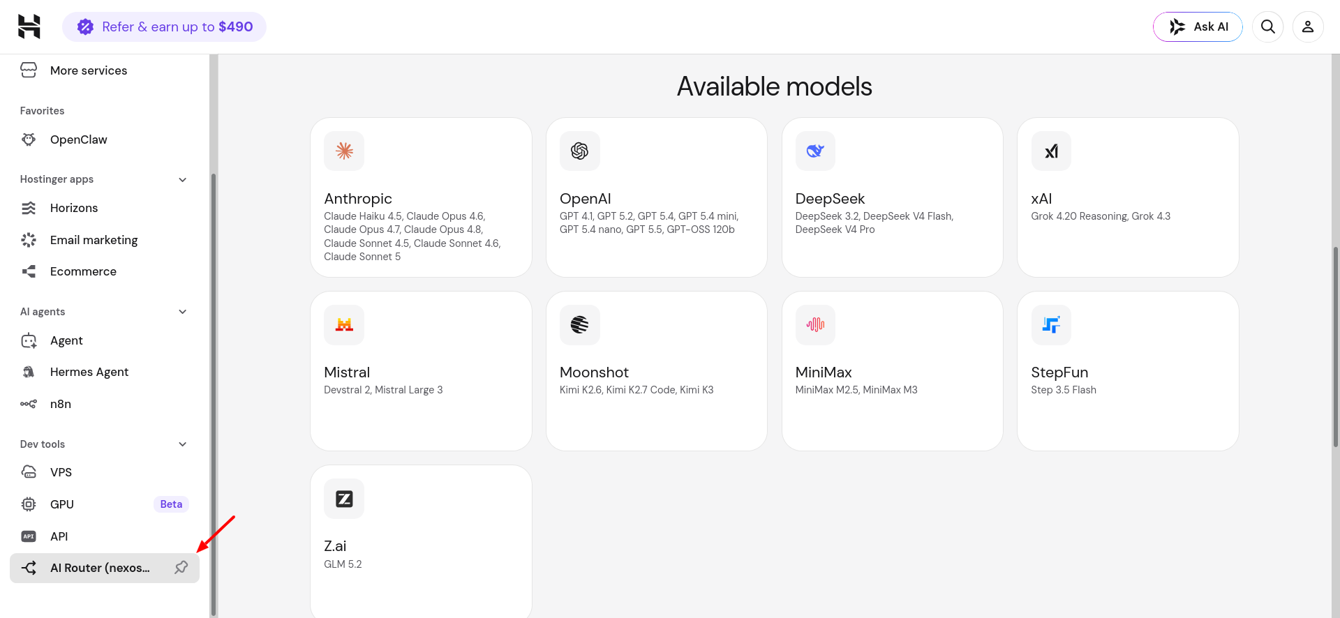 Hostinger hPanel AI Router by nexos.ai