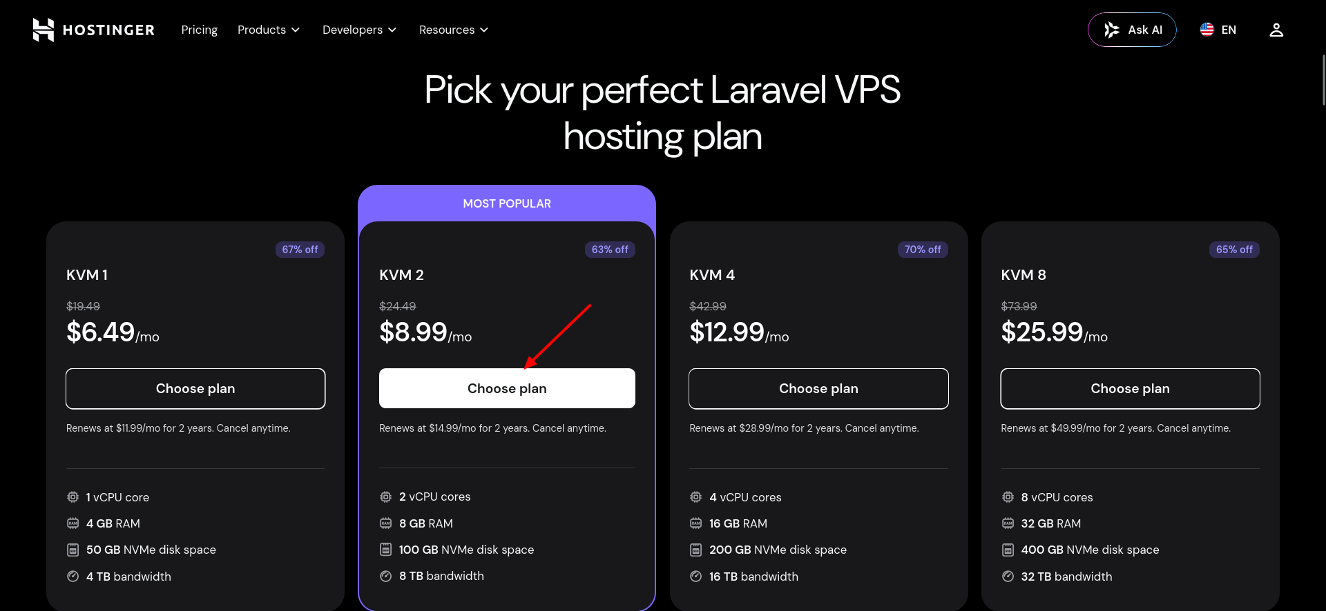 Hostinger KVM 2 Laravel VPS plan selection