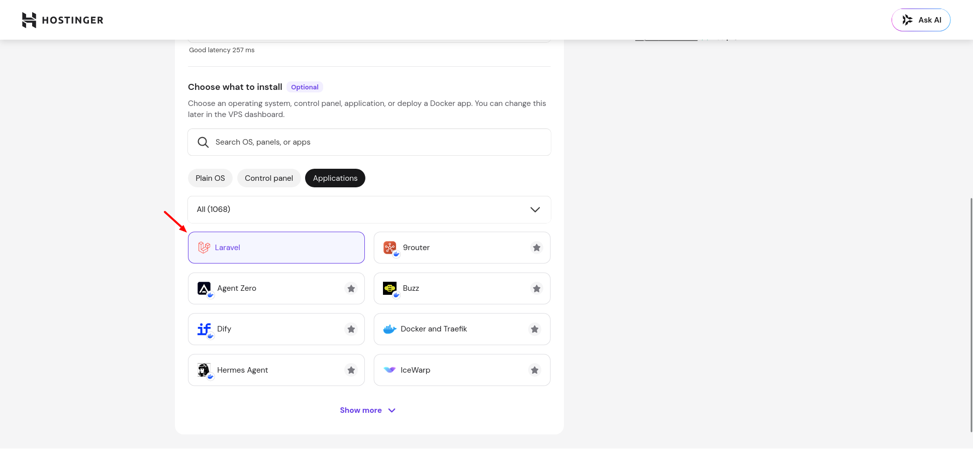 Hostinger app marketplace with Laravel selected