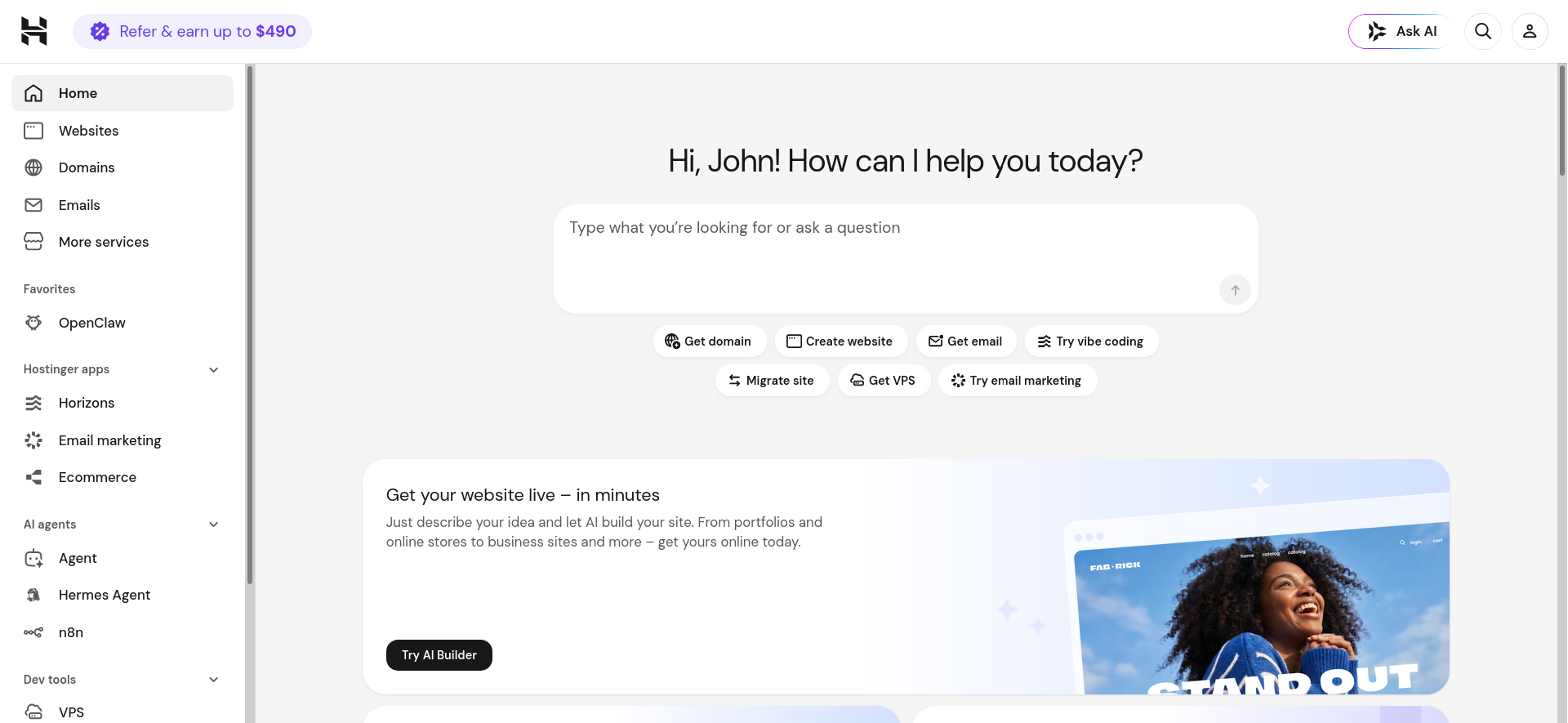 Hostinger hPanel home dashboard after Laravel VPS purchase