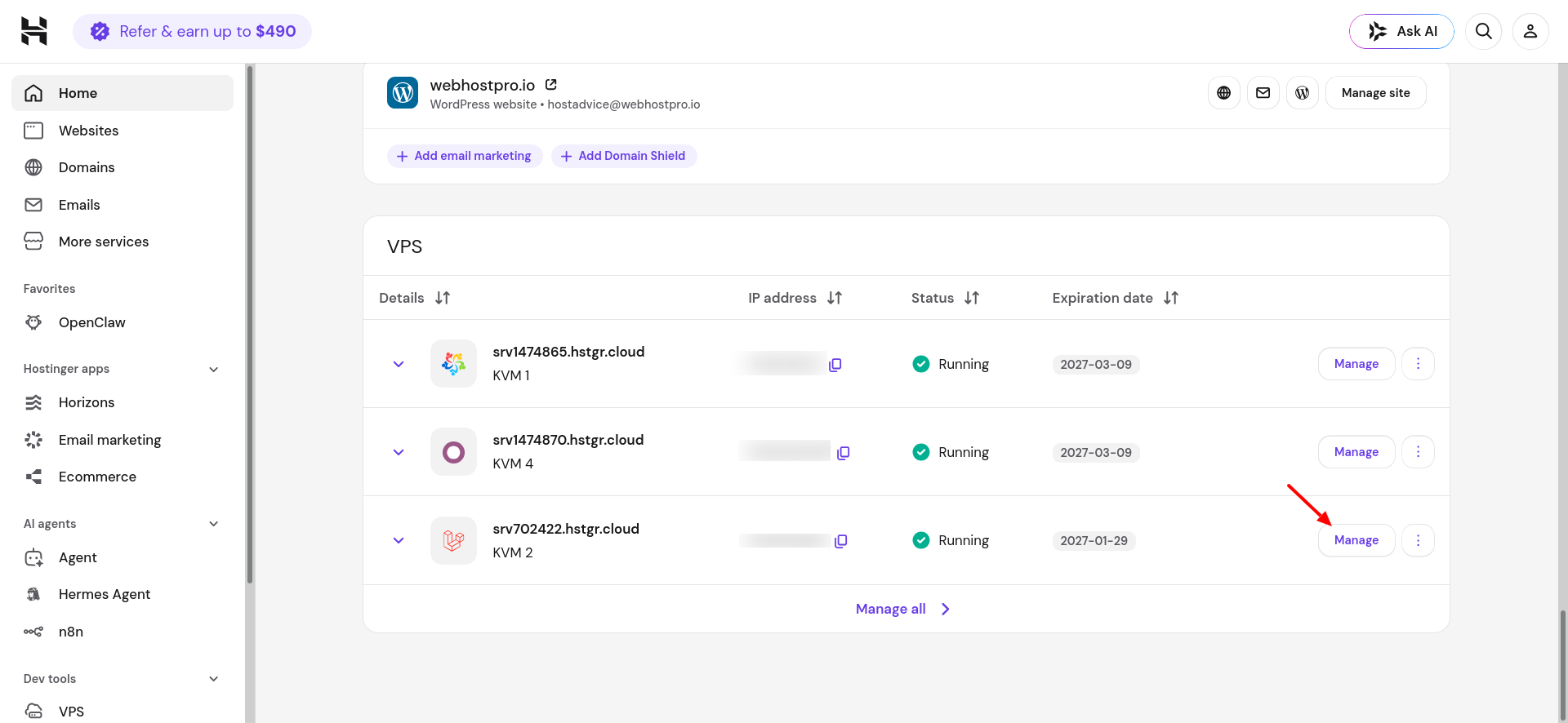 Hostinger hPanel VPS table showing Laravel server running