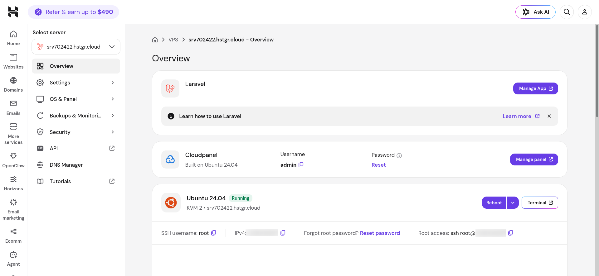 Hostinger Laravel VPS overview with Laravel and CloudPanel cards