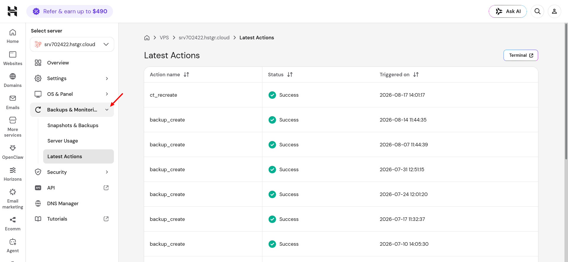 Hostinger Laravel VPS weekly backup logs in Backups and Monitoring