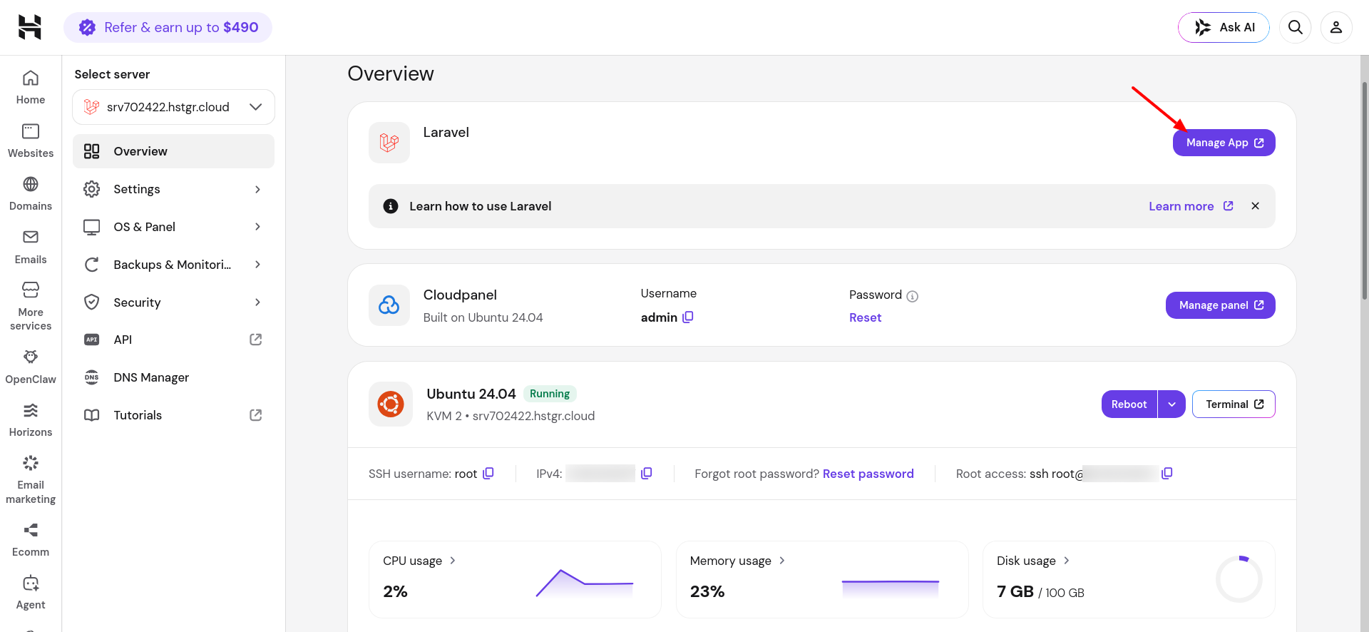 Hostinger Laravel app card with Manage App button