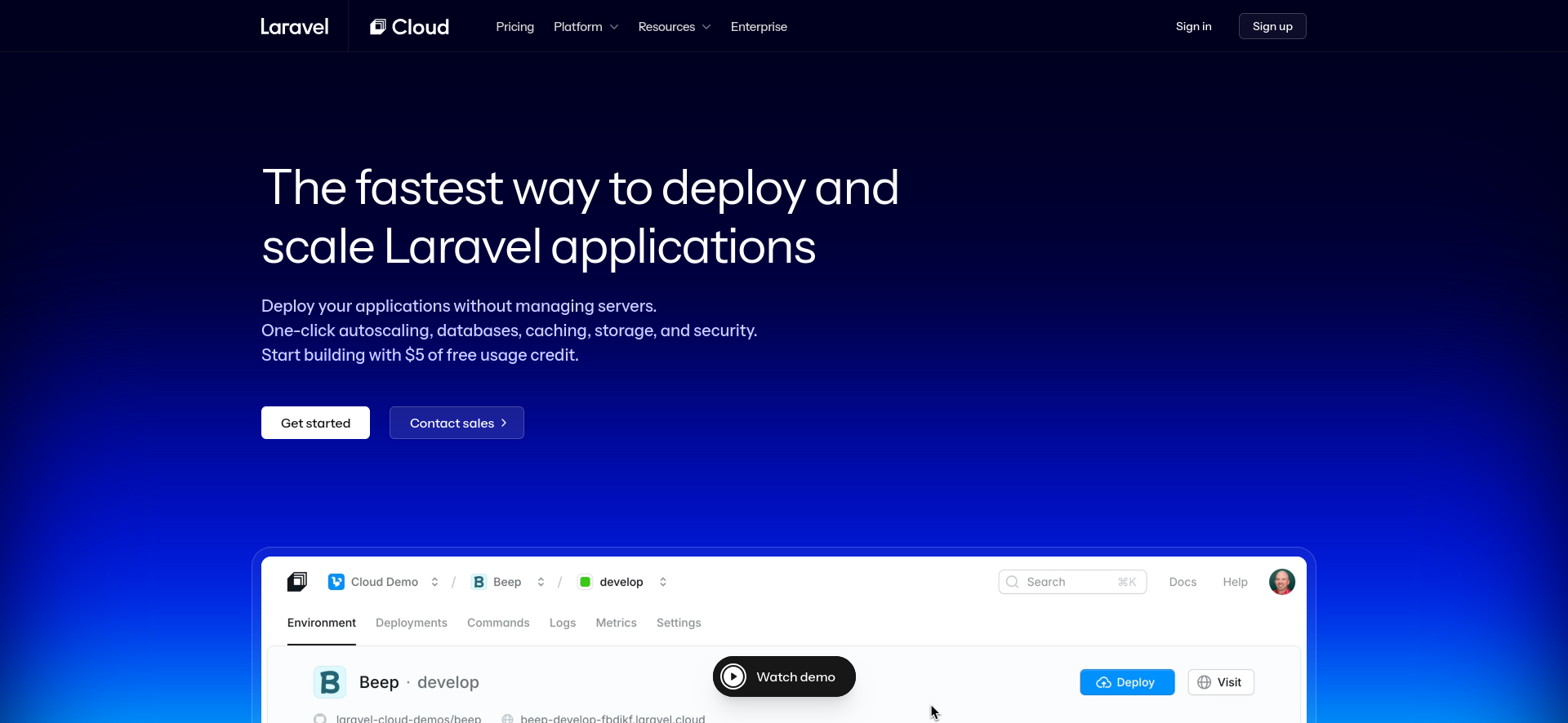 Laravel Cloud signup page opened from Hostinger Manage App