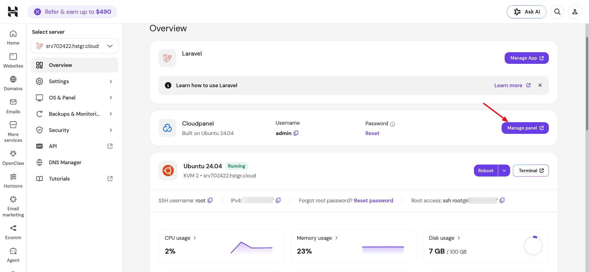 Hostinger CloudPanel card with Manage panel button