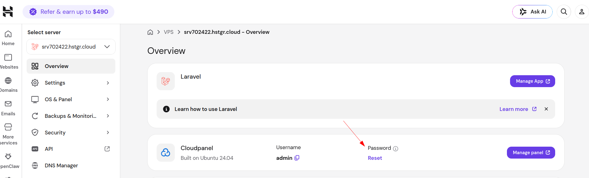 Hostinger CloudPanel password reset option