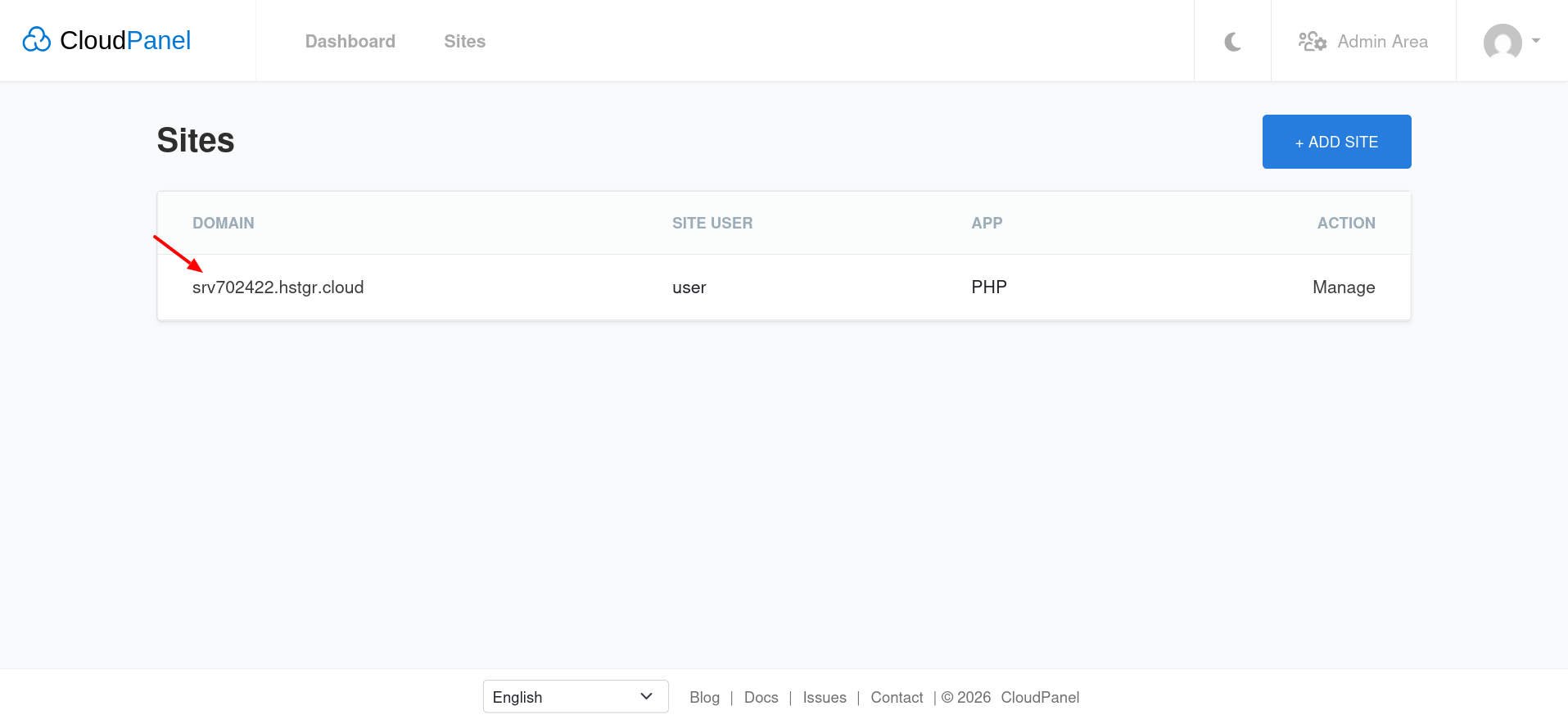 CloudPanel Sites list for Hostinger Laravel VPS