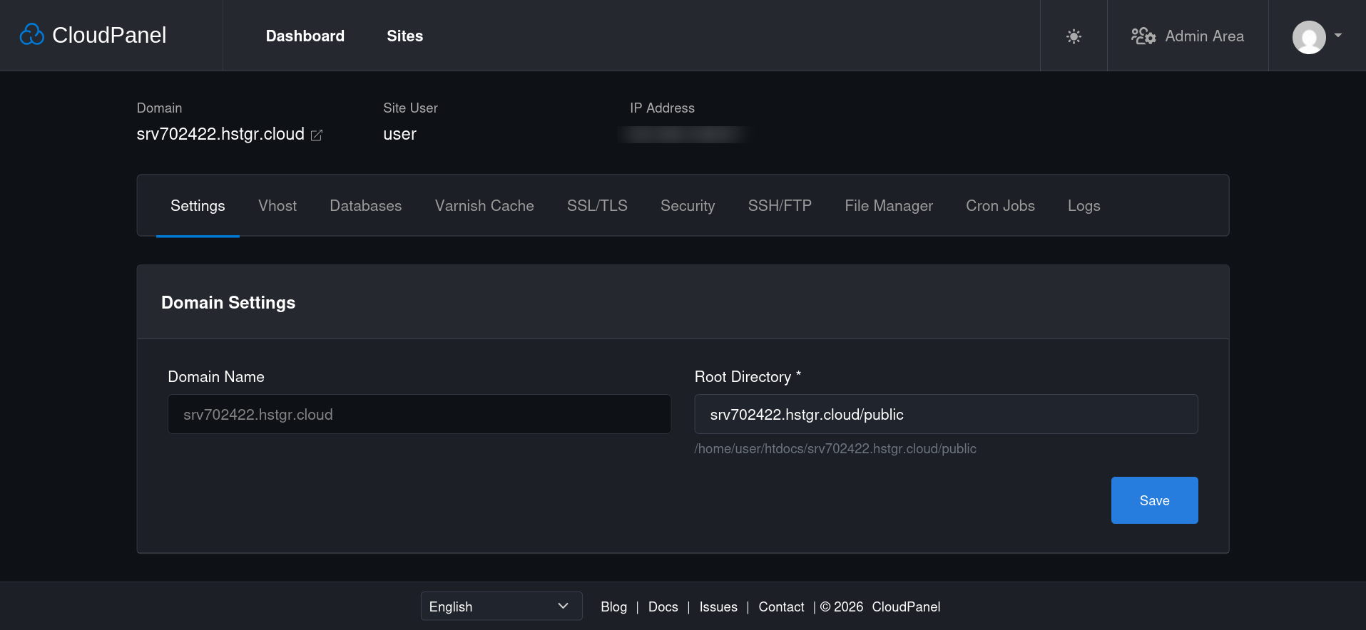 CloudPanel Laravel site management tabs
