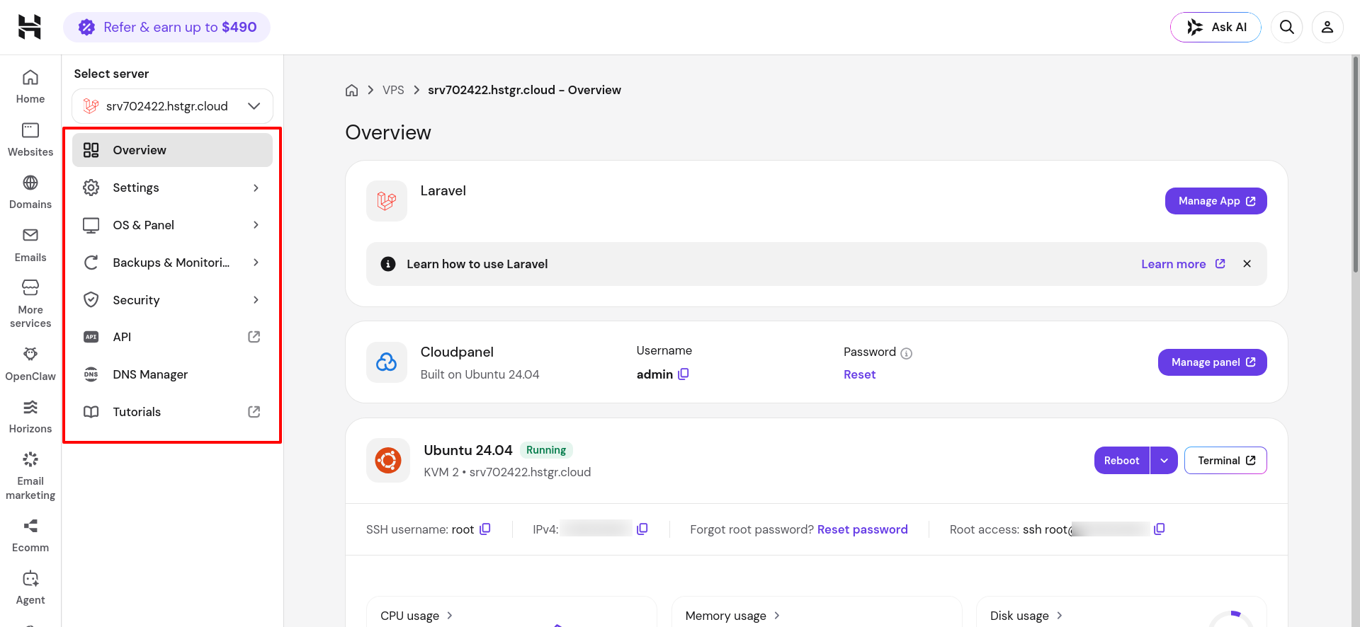 Hostinger VPS server management sidebar and controls